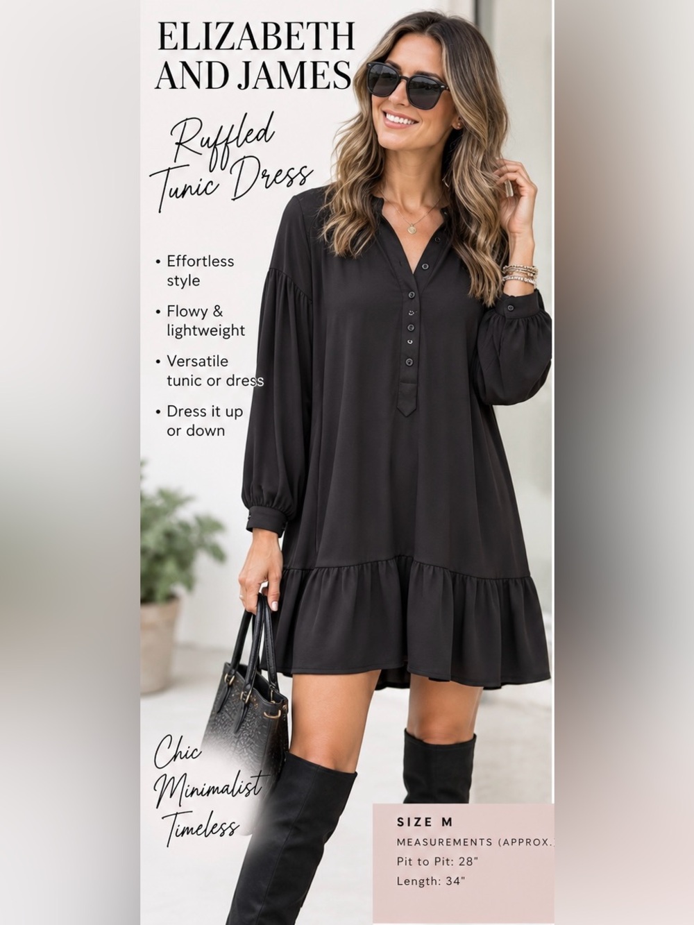 Elizabeth and James Black Ruffle Hem Tunic Mini Dress Oversized M